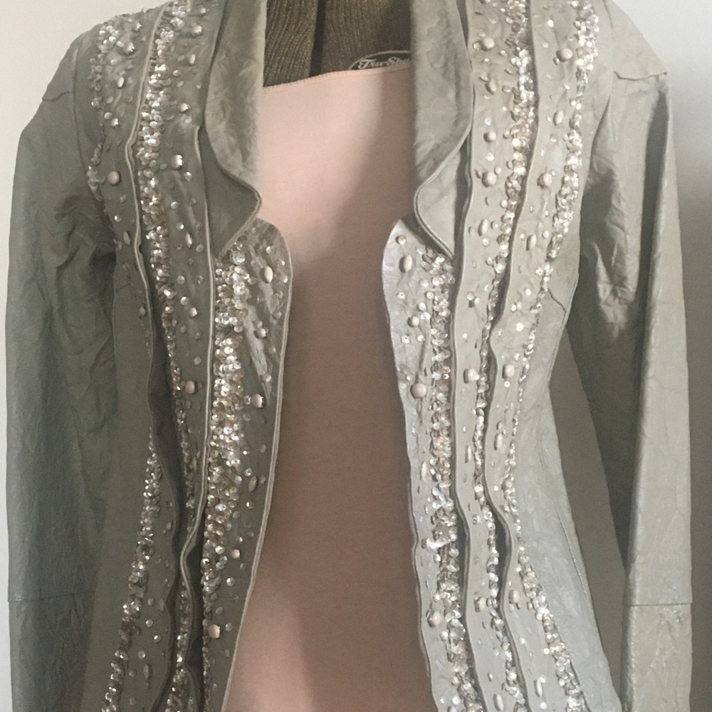 Greenish-Grey  leather jacket with hand beading. Never worn to small 😔